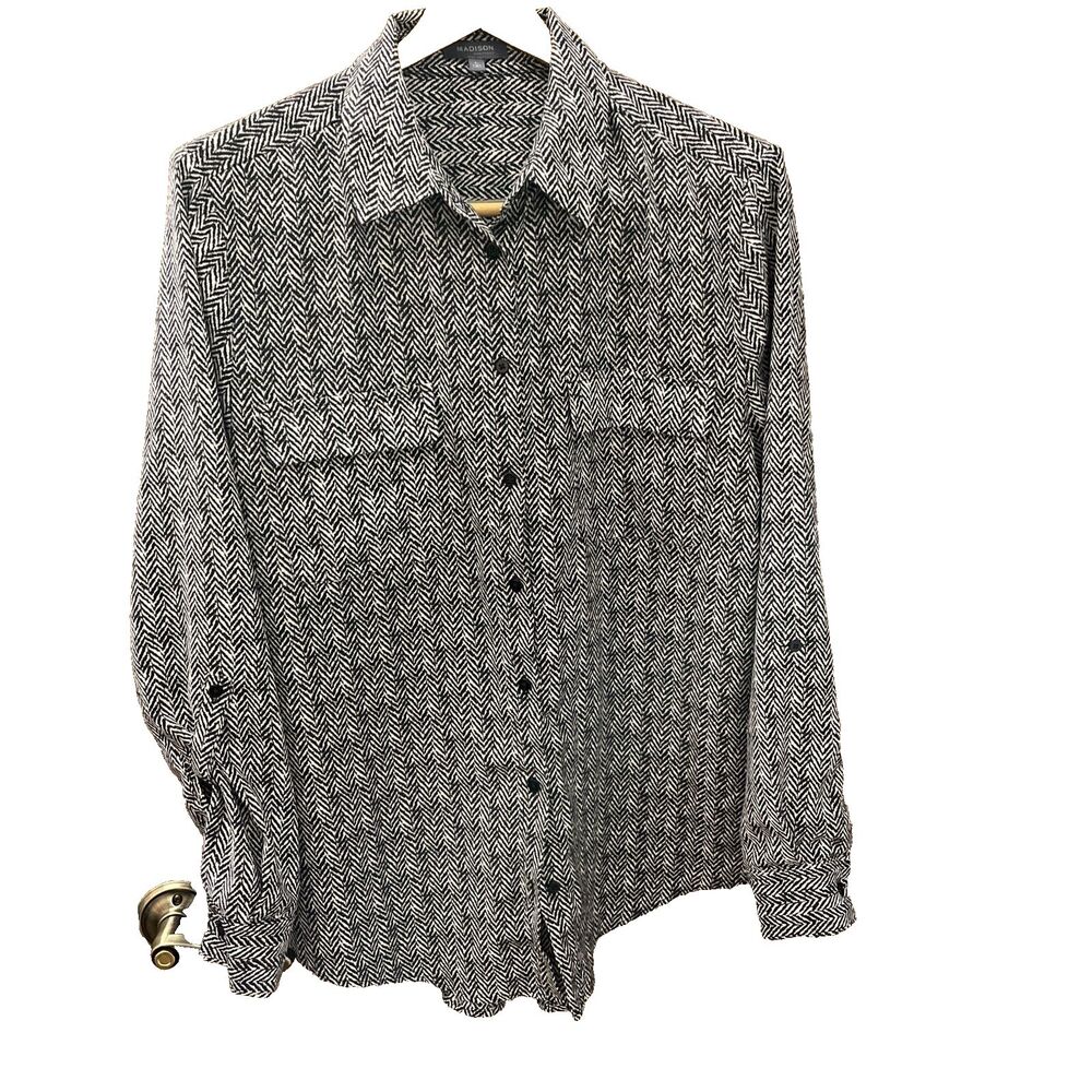Madison Women's Black and White Herringbone Blouse with 3/4 sleeve option, Large